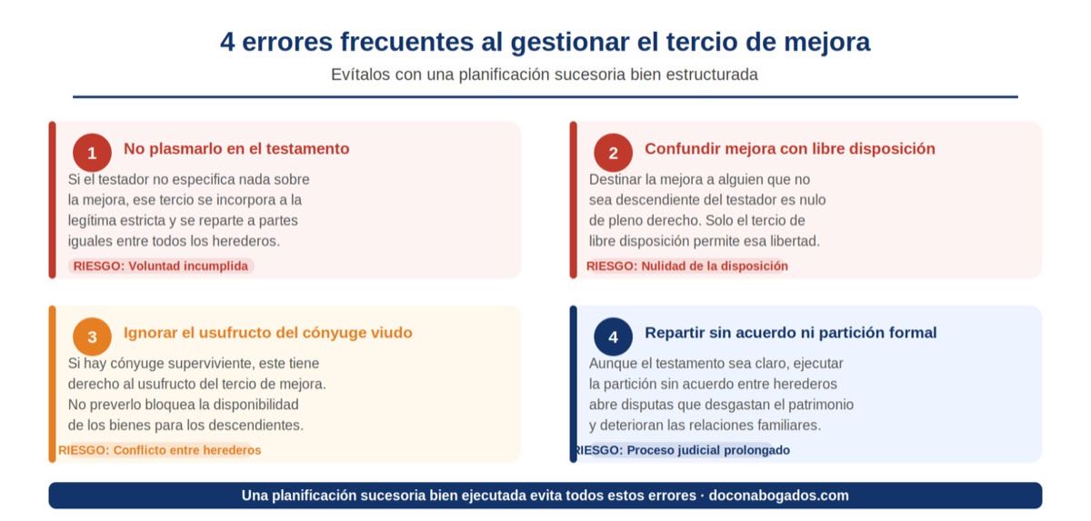 Tercio de mejora en la herencia: cómo afecta al reparto de tu sucesión 3 Infografía con los cuatro errores más habituales al gestionar el tercio de mejora: falta de testamento, confusión con libre disposición, cónyuge viudo y partición sin acuerdo