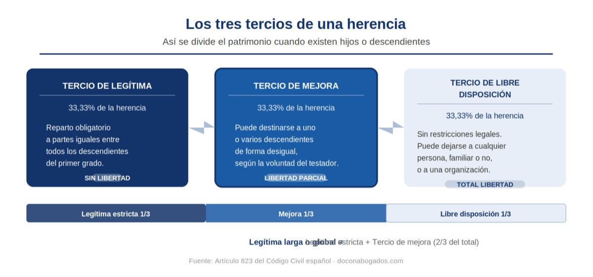 Tercio de mejora en la herencia: cómo afecta al reparto de tu sucesión 1 Esquema con los tres tercios de una herencia: legítima estricta, tercio de mejora y tercio de libre disposición